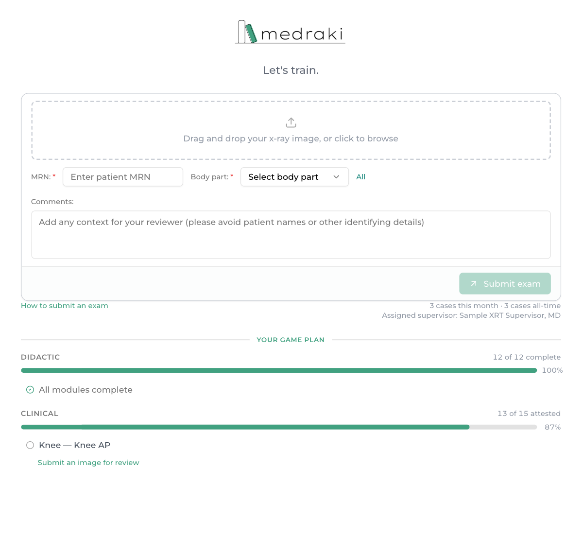 Operator exam submission and learning progress
